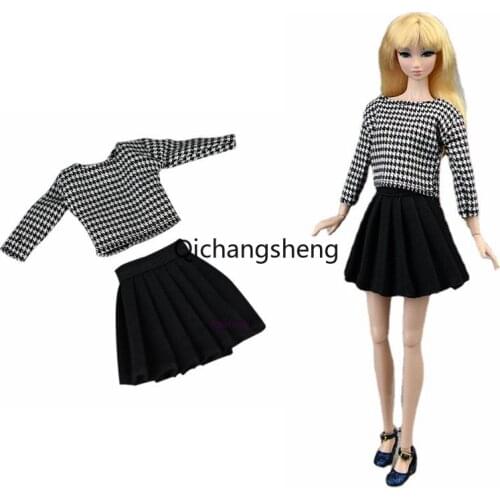 Fashion Houndstooth Plaid Shirt Top Pleated Skirt 1/6 BJD Clothes for Barbie Doll Clothes Outfits Dollhouse Accessories Kids Toy