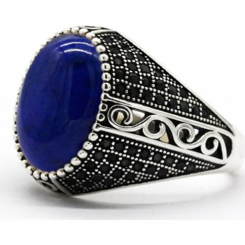925 Sterling Silver Mens Ring With Dark Blue Lapis Lazuli Vintage Thai Silver Ring With Black CZ Mens Turkish Jewelry