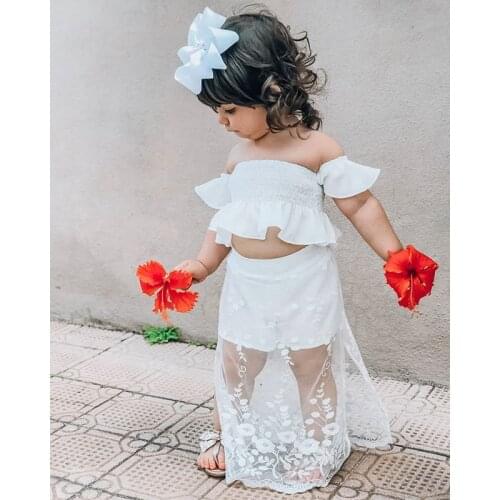 2019 New Fashion Baby Girls Princess Dress Set Baby Kids Girl 2 Piece Set Cute Shoulderless Crop Top + Lace Patchwork Skirts