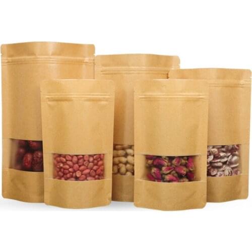 10Pcs/lot Kraft Paper Zipper Bag with Window Resealable Zip Lock Heat Seal for Food Fruit Tea Gift Packaging Stand up Bags