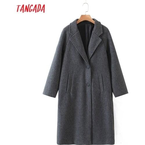 Tangada Women 2021 Winter Gray Thick Woolen Coats With Button Loose Long Sleeves Pocket Ladies Elegant OverCoat 2Z18