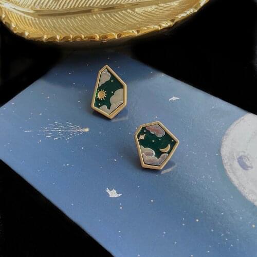 Korean Style Blue Green Enamel Irregular Geometric Clip on Earrings Simple Creative Sun Moon Sky Clip Earrings No Piercing Girls