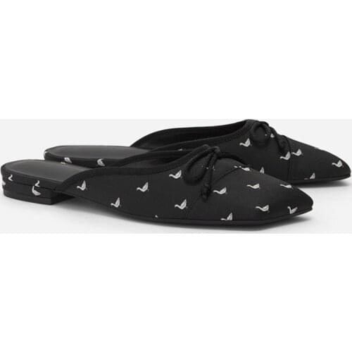 Summer Modern Slippers Retro Sweet Bowknot Flat Heel Muller Shoes Square Toe Flats Slides Black Single Shoes Women Flip Flops