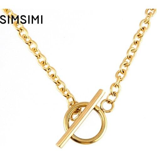 Simsimi 4mm width gold color toggle clasp rolo Chain women female Floating Locket stainless steel cable necklace choker 5pcs