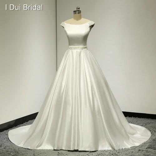 Real Photo Wedding Dresses Ball Gown Satin Pearl Beaded Waist and Shoulder Keyhole Back High Quality Factory Custom Make ELS004