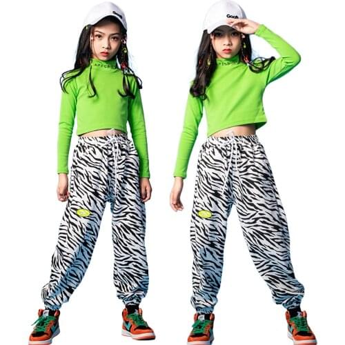 Lolanta Girls Hip Hop Dance Clothes Long Sleeve Green Top or Zebra Striped Drawstring Sweatpants Kids Street Dance Clothes