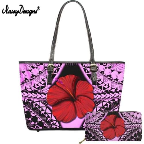 NOISYDESIGNS Ladies Purple Hibiscus Tribal Pattern Girls Elegant Hand Bag Handle Daily Tote Bags With PU Leather Wallets 2021