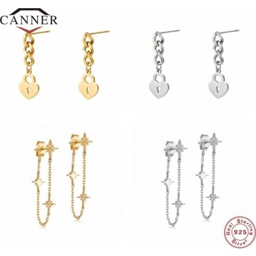 CANNER 100% 925 Sterling Silver Ear Chain Stud Earrings for Women Piercing Cartilage Earring Jewelry Jewelry Gift Pendients
