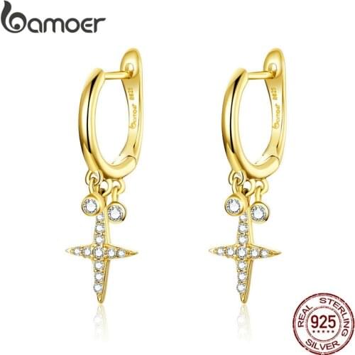 Bamoer Gold Color Cross Drop Earrings with Charm Women Fashion Jewelry 925 Sterling Silver Brincos Gifts Accessories BSE230