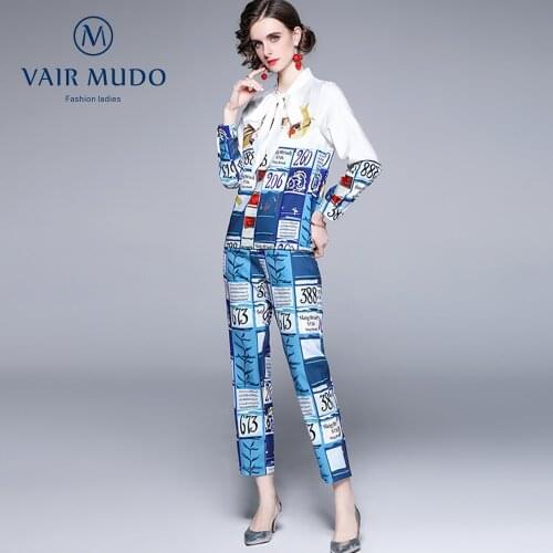 Spring Autumn New Women Suit Western Style Printed Lace-Up Long-Sleeved Shirt + Long High-Waisted Pa Female Elegant Summer