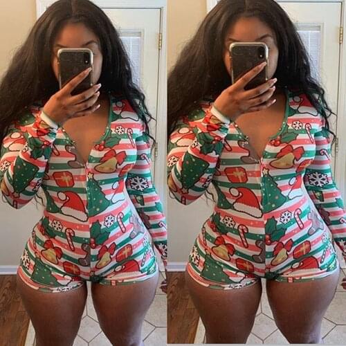 Christmas Tree Print Women Onesies Underwear Bodysuit Long Sleeve Button Deep V Neck Bodycon Stretch Leotard Short Romper Pjs