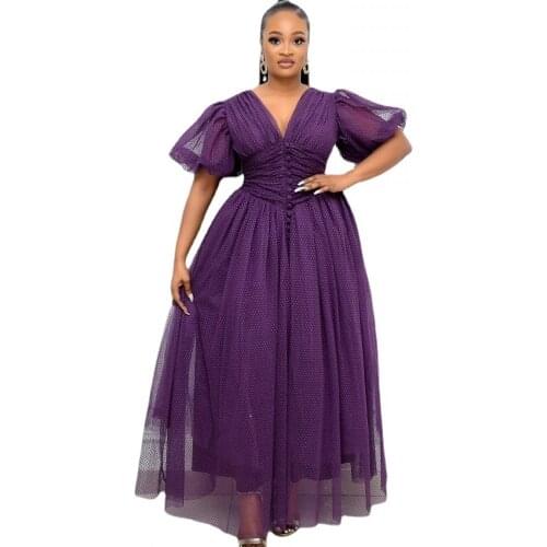 S-5XL Plus Size Elegant African Dresses Dashiki V Neck Robe Vestidos Party Style Fashion Women Sexy Mesh Dress Purple Gown