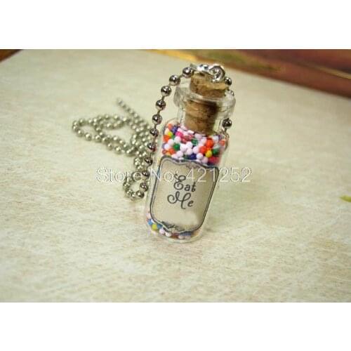 12pcs/lot Eat Me Alice in Wonderland Necklace Eat Me Glass Cork Bottle Pendant silver tone