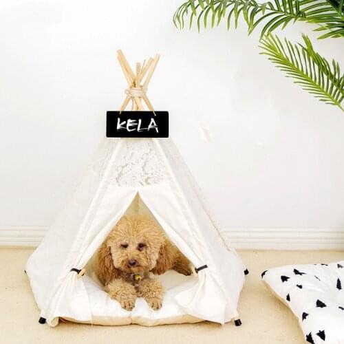 2021 New Lace Pet Teepee Dog & Cat Bed White Canvas Dog Cute House Puppy Tent With Cushions Dog House Washable Winter Bed House