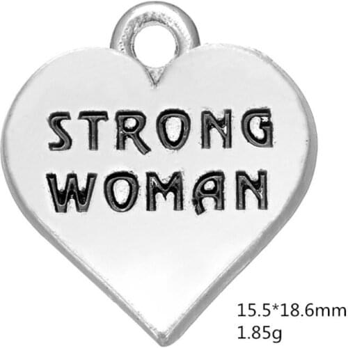 2021 STRONG WOMAN on heart positive message engraved charms for jewelry making metal word pendants charms for jewelry making