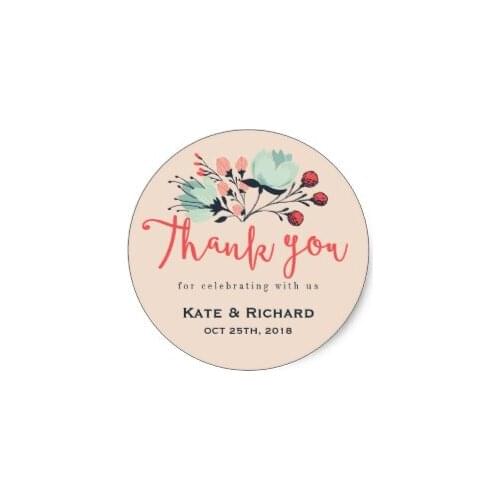 3.8cm Pink Script Font Thank You Flower Wedding Sticker