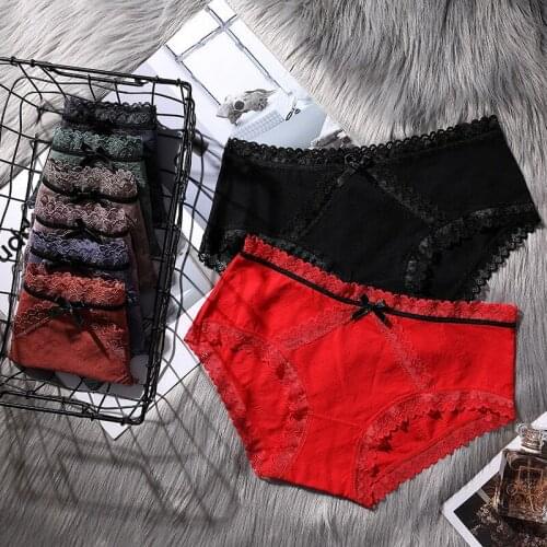 3pcs/lot Sexy Panties Womens Cotton Breathable Briefs Solid Color Bow Lace Soft Seamless Underwear Female Intimate Brief