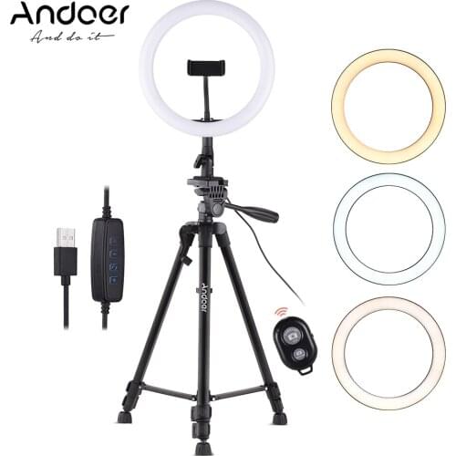 Andoer 10inch LED Ring Light 2800K-5700K with Tripod Stand Phone Holder Remote Shutter Ringlight for Live Makeup Photography