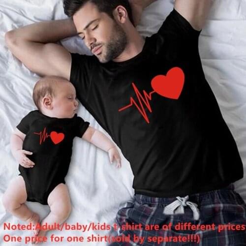 Baby Daddy Love You Family Matching Clothes Black Cotton Dad Tshirt Baby Bodysuit Heartbeat Love Print Family Look Daddy and Me