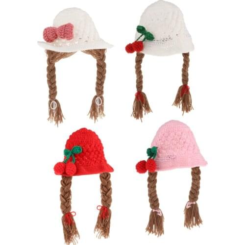Childrens Knitted Hat Baby Girls Cute Wig Big Braid Hat Kids Winter Soft Warm Girl Boy Bowknot Crochet Birthday Gift