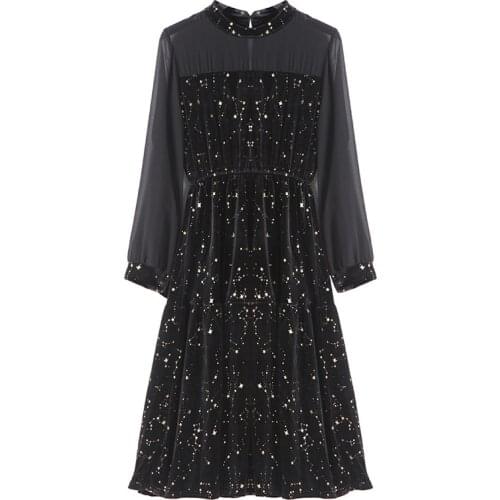 PERHAPS U Black Stand Neck Long Sleeve Autumn Velvet White Gold Star Print Mesh Maxi Long Dress D0763