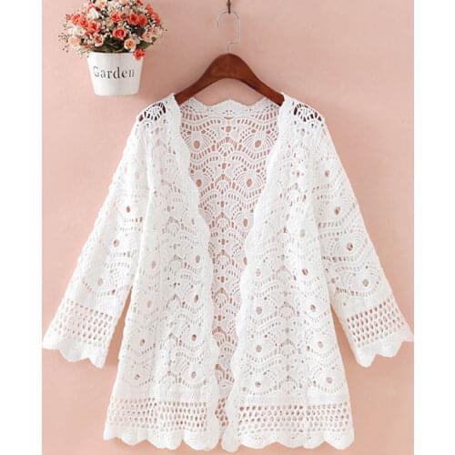 2021 Women Loose Hollow Out Crochet Kimono Cardigan Women V-neck Open Stitch Casual Elegant Blouse Summer Beach Cardigans L197