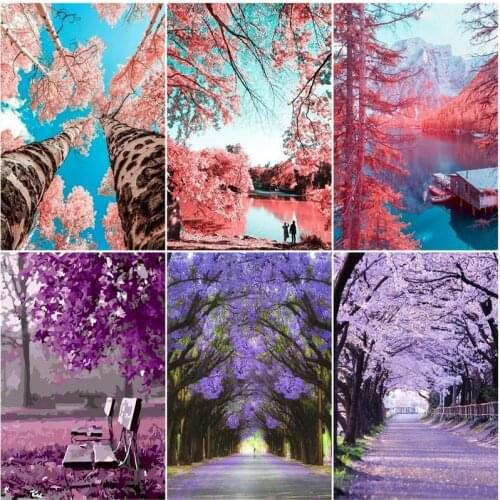 GATYZTORY Diy Framed Painting By Numbers For Adults Kids Pink Purple Tree Landscape Painting Kits Acrylic Pigment Diy Gift