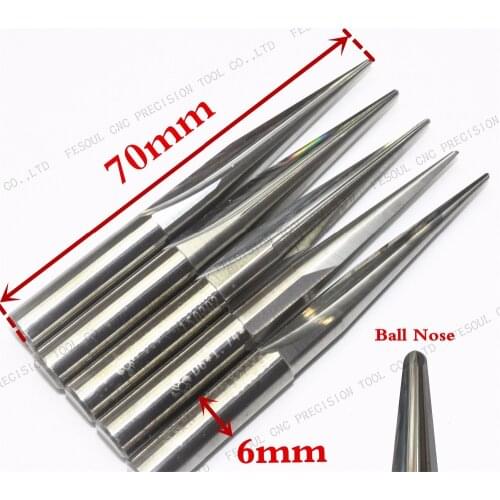 6mm*70L,5pcs,Free shipping Taper Ball nose Cone End Mill,CNC milling Cutter,Solid carbide tool,woodworking router bit
