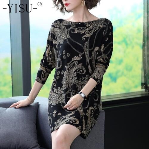 YISU fashion Printed Sweater Dress Women 2019 Autumn Winter Warm Knitted Sweater Slash neck Long sleeve Straight Dress Women
