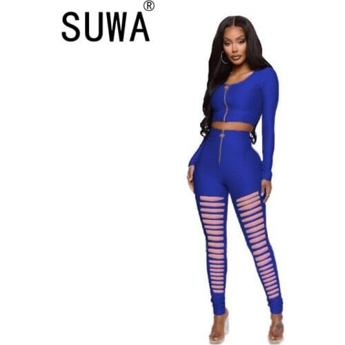 Fashion Classic Tracksuit Sexy Two Piece Outfits Women Tunic Slim-Fit Top And Hole Pencil Pants Trousers Matching Sets