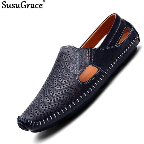 Susugrace summer men leather casual loafers white flats slip-on drive shoes Sandals black soft outdoor Moccasins Plus size 38-47