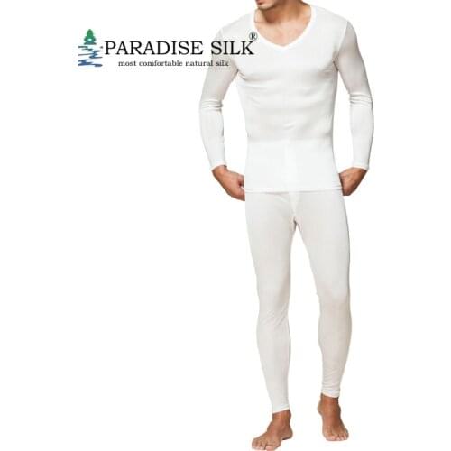 Men Long Johns 100% Pure Silk Jersey Knit Men V Neck Thermal Underwear For Men Fall Winter Top and Bottom Set Size L XL XXL 3XL