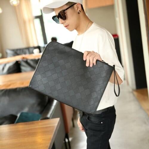 Mens Fashion Clutch Cowhide Woven Large Plaid Luxury Brand Design High Quality Leather Business Paper Bag
