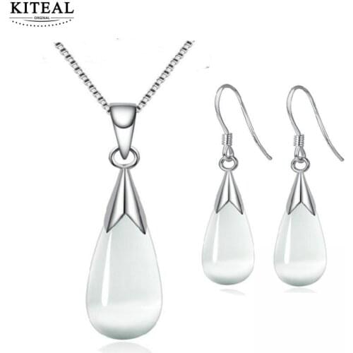 New wedding jewelry sets necklace+earrings Opal cat eye water-Drop Earrings crystal stone anel 925 jewelry floating charms
