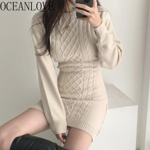 OCEANLOVE Robe Hiver Solid Knitted Sexy 2021 Autumn Winter Sweater Dresses Women Korean Vestidos Back Hollow Out Dress 18808