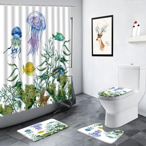 Ocean Animals Shower Curtain Set Jellyfish Sea Turtle Green Plant Watercolor Art Decor Bathroom Non-slip Rug Toilet Lid Bath Mat