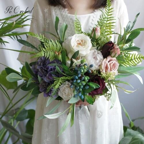 PEORCHID Green White Purple Bridal Bouquet European French Country Style Rose Peony Bride Flowers Forest Wedding Bouquet 2019