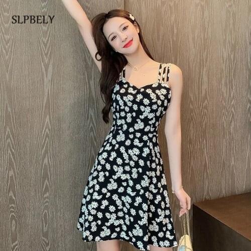 SLPBELY Daisy Sling Dress For Women Summer Sexy Floral Printed Spaghetti Strap Vacation Casual Vintage Swing Dress Vestido 2021