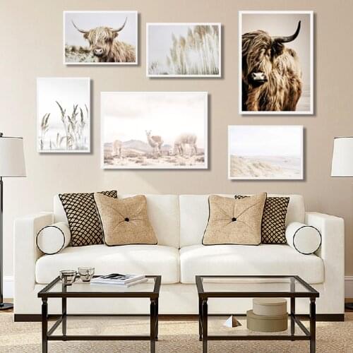 Wheat Plant Nordic Highland Cow Alpaca Posters Canvas Painting Posters and Prints Landscape Wall Art for Living Room Home Decor
