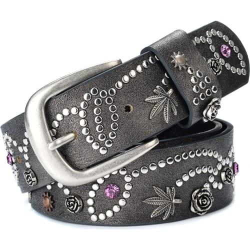 Hot Flowers Women Belts Good Quality Leather Waist Straps Metal Buckle Luxury Rivets Rhinestone Belts Popular Lady Girdle Belts