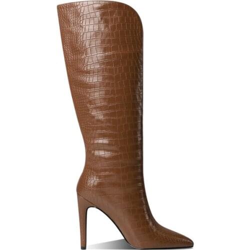 QZYERAI 2021 New Pointed Toe Ultra-High Stiletto Sexy Knee-Length Modern Boots with Lizard Pattern Winter Plush Lining Boots