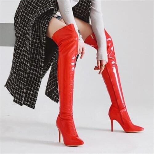 PXELENA Chic Women Thigh High Boots Stiletto High Heels Patent Leather Nightclub Pole Dance Women Over The Knee Boots Sexy Shoes