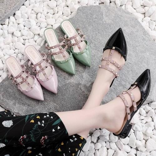 Women Slides Summer Fashion Buckle Rivet Slippers All-Match External Wear Pointed Slide Sandals Lady Low-Cut Flat Shoes