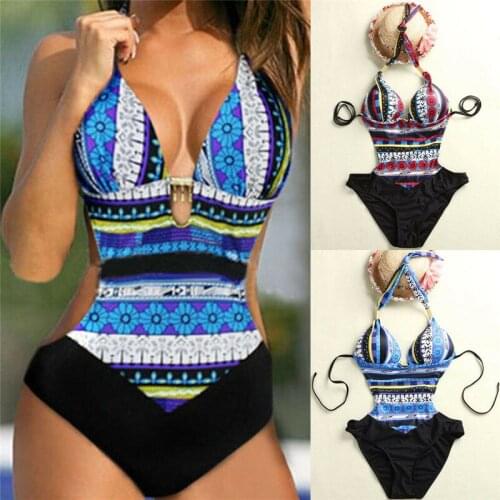 Ethnic Style Women One-Piece Suits Sleeveless Halter Lace-up Bathing Suits Push-Up Padded Swimsuit Ladies Backless Swimwear