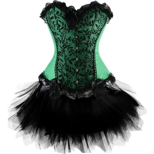 Sexy Corset Dress Satin Lace Bustier Corsets and Skirt Set Gothic Overbust Corselet Women Burlesque Showgirl Costume Plus Size