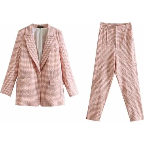 2 piece outfits for women plaid long sleeve one button long blazer + high waist trousers split trousers casual two-piece suit