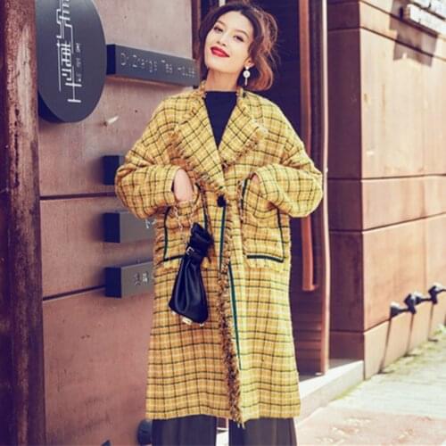 High Quality Wool Plaid Outerwear women Yellow Tassel Long Trench Coat Autumn Winter Plus Size Loose Woolen Windbreaker