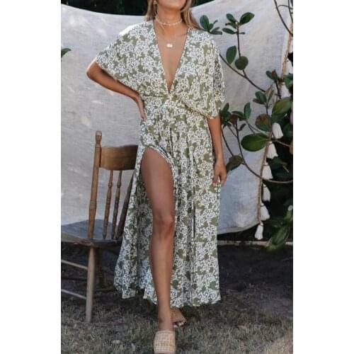 Happie Queens women floral print bat sleeve beach Bohemian dresses Kimono Ladies V neck sashes Boho maxi dress vestidos