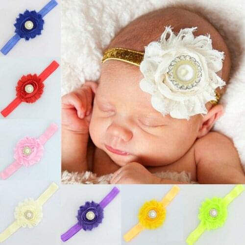 20 Colors 6 CM Shabby Chiffon Flower Elastic Hairband Shining Pearl Rhinestone Headband Infant Hair Accessories Party Decoration