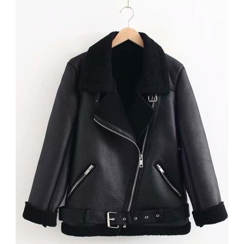 2021 Winter Faux Lamb Leather Jacket Women Faux Leather Lambs Wool Fur Collar Thick Jacket Female Black Punk Streetwear Coat New